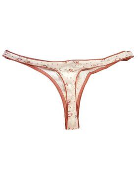 Free People Floral Print Ivory & Peach Trim Thong Panties Size XL Cotton Blend